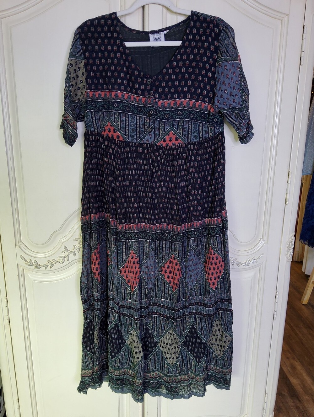 Vintage Papillon 1990's Indian Cotton Block Print V-Neck Midi Dress